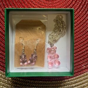 Pink Bear Pendant Necklace and Earrings Set